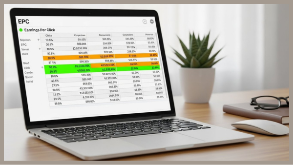 Image showing EPC calculation in affiliate marketing on a laptop.