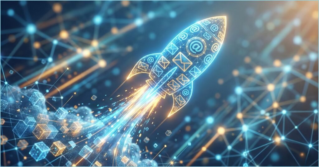 Stylized digital illustration of a rocket formed by email icons launching upwards, symbolizing business growth through email marketing automation.