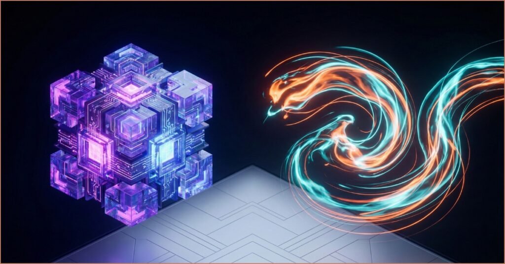 Abstract 3D illustration representing a digital comparison between Jasper AI and Copy.ai writing tools.