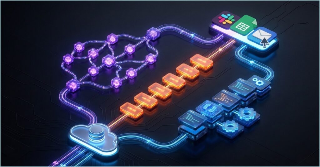 Isometric 3D diagram comparing different digital workflows for the best no-code automation tools, highlighting the connectivity and efficiency of modern SaaS platforms in 2026.