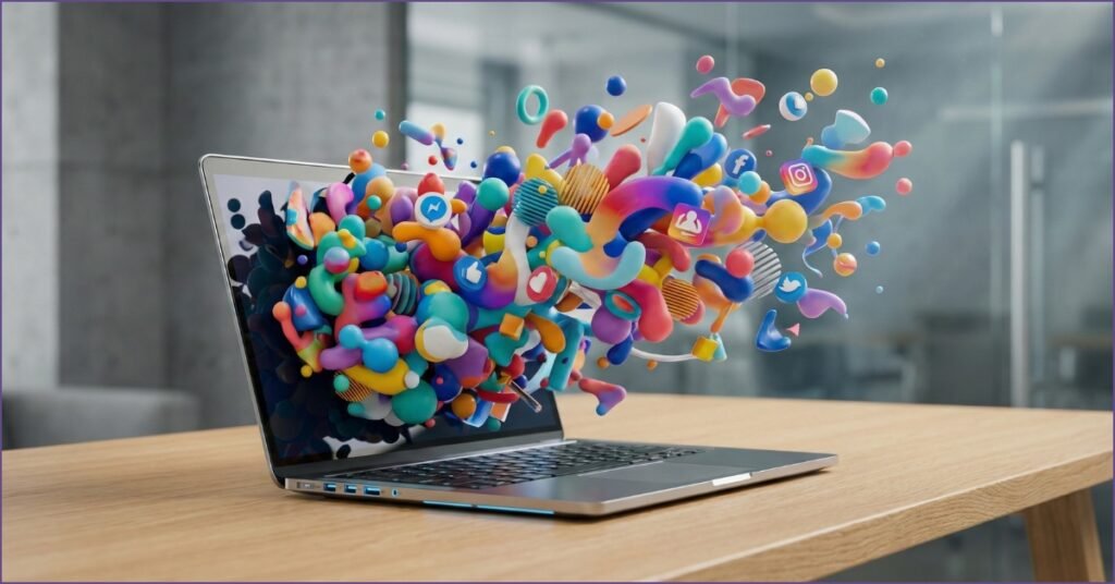 A modern laptop displaying a burst of creative digital design assets and social media templates, illustrating the capabilities of graphic design software covered in this Canva Pro review.