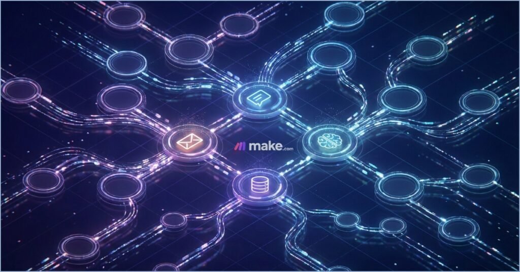 Illustration of a complex visual automation workflow with connected nodes, representing isolated flexibility and control in Make.com Review 2026.