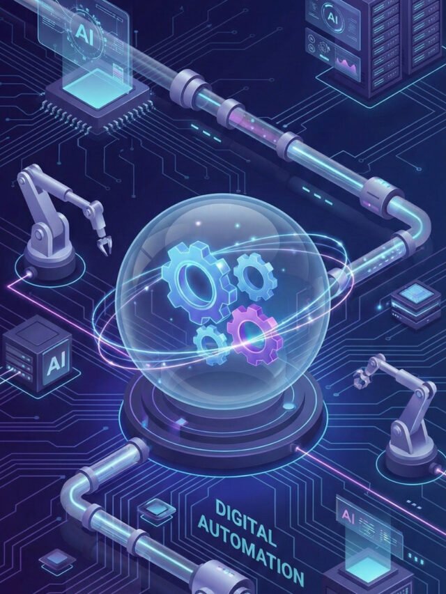 3D illustration of a digital automation workflow with connected gears.