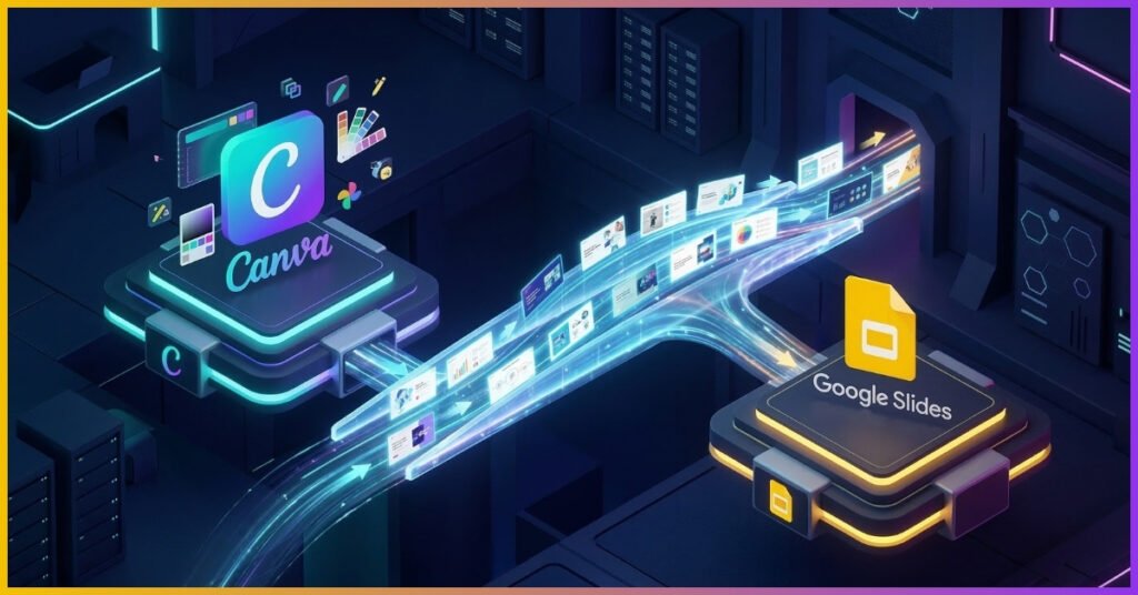 A 3D illustration showing a flow of presentation slides passing from a Canva platform to a Google Slides platform over a digital bridge.