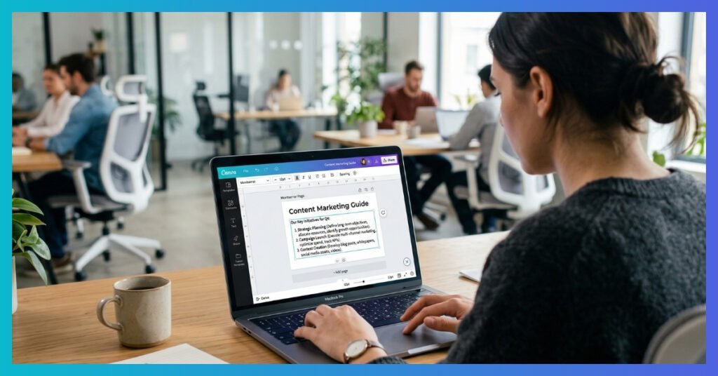 An over-the-shoulder shot of a user editing a text box in Canva on a MacBook in a modern office, clearly displaying the hanging indent formatting on the screen ruler. Soft natural light, realistic UI, sharp focus.