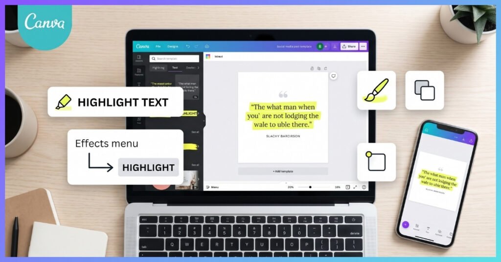 Flat lay photograph of a laptop displaying the Canva editor interface, showcasing a graphic post where a specific text is highlighted in vibrant yellow, illustrating how to highlight text in Canva using different methods.